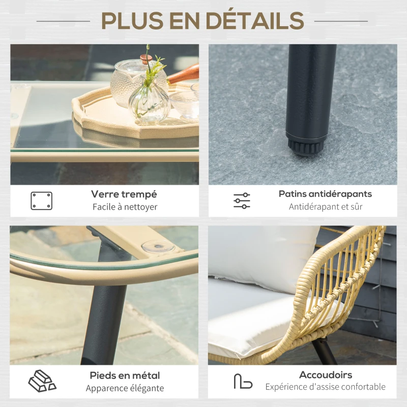 Outsunny Ensemble salon de jardin 4 pièces canapé 2 places + 2 fauteuils + 1 table basse plateau verre trempé 7 coussins - acier et résine imitation rotin - beige