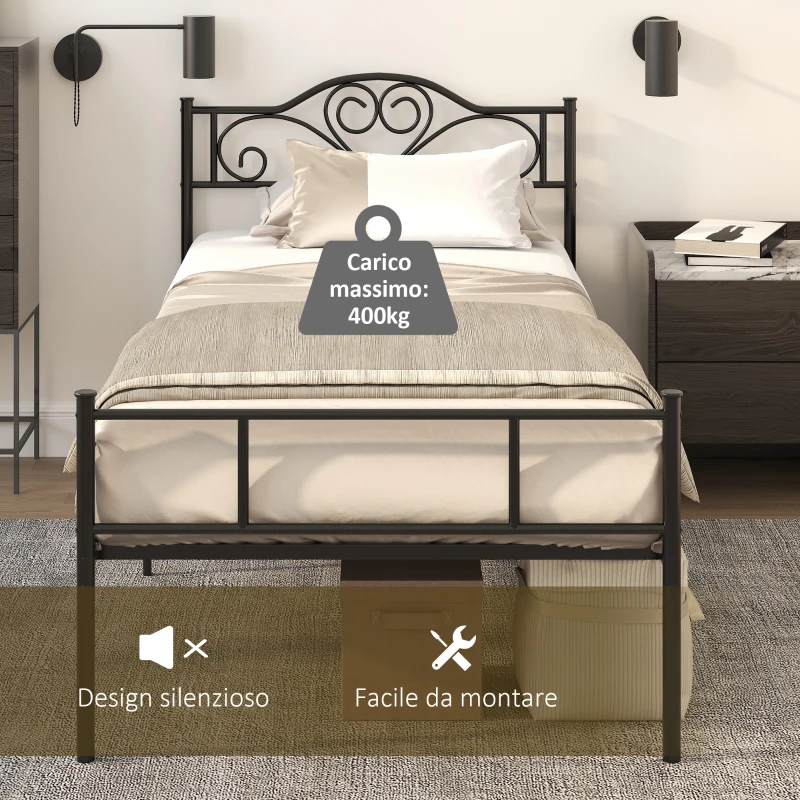 HOMCOM Struttura Letto Singolo in Acciaio con Doghe Integrate, Testiera e Pediera, 90x200cm