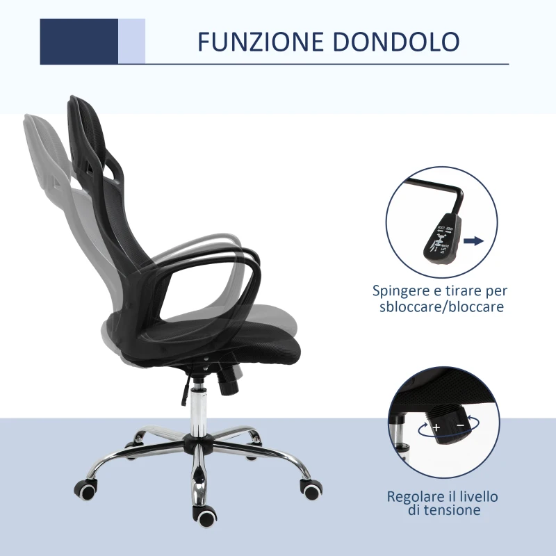 Vinsetto Sedia da Ufficio Ergonomica con Funzione Dondolio Basculante, Schienale con Rete Traspirante, Regolabile e con Ruote Girevoli, 73x63x117-126.5 cm