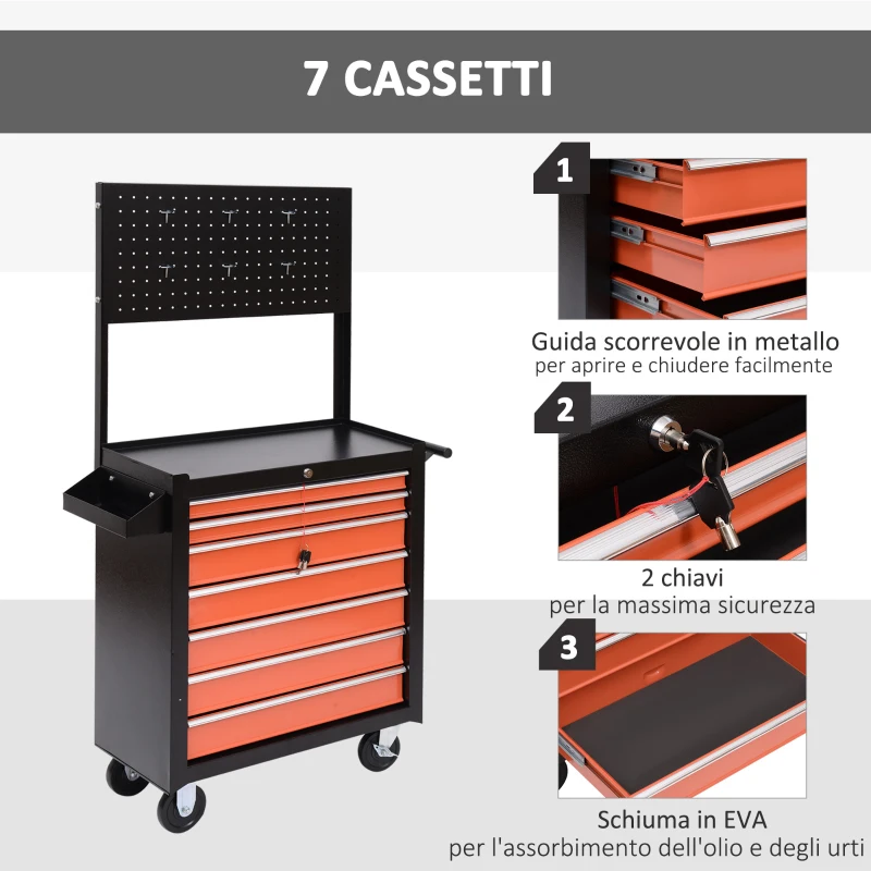 HOMCOM Carrello Porta Utensili Attrezzi Attrezzatura con Cassettiera 61.5 x 33 x 76cm Nero e Arancione