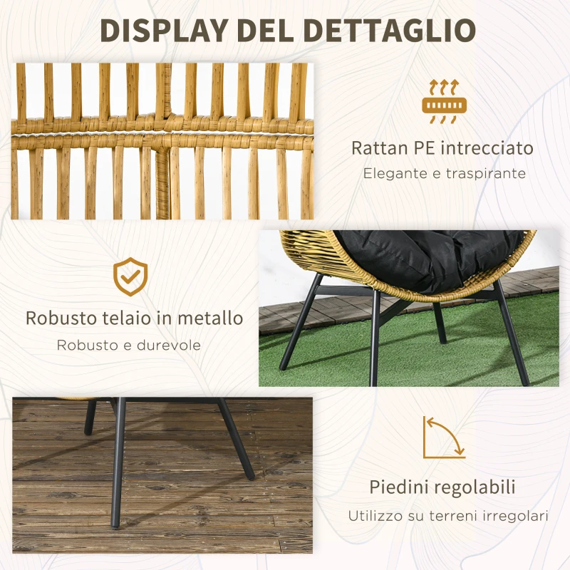 Outsunny Poltrona da Giardino a Uovo con Poggiatesta e Cuscini per Seduta, in Rattan e Acciaio, 89x75x143 cm