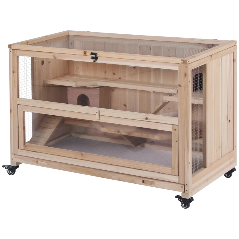 PawHut Wooden Hamster Cage, Mice Rodent Small Animals Kit Hutch, 3 Tiers Exercise Play House, with Wheels, Bottom Tray, 99 x 50 x 69 cm, Natural Wood