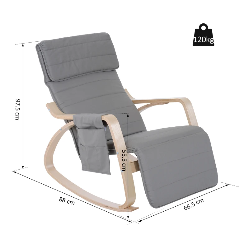 HOMCOM Silla de Relax Mecedora Balancín de Madera con Reposapiernas Ajustable y Bolsa para Revistas (Gris)
