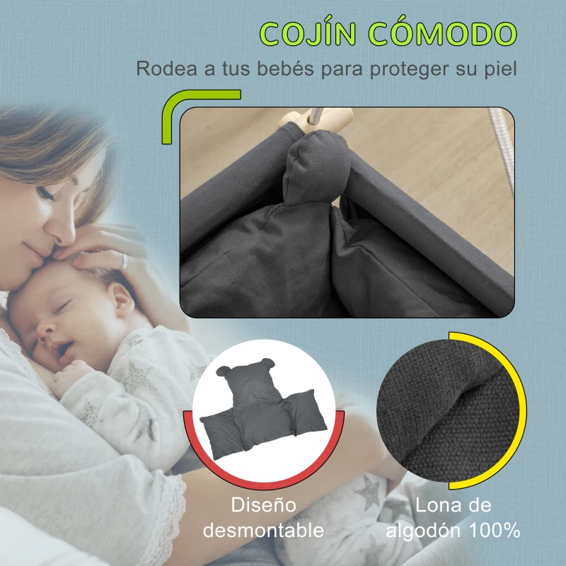 AIYAPLAY Columpio para Bebé con Altura Ajustable para Niños de 9-36 Meses 40x40x110-180 cm Gris y Madera