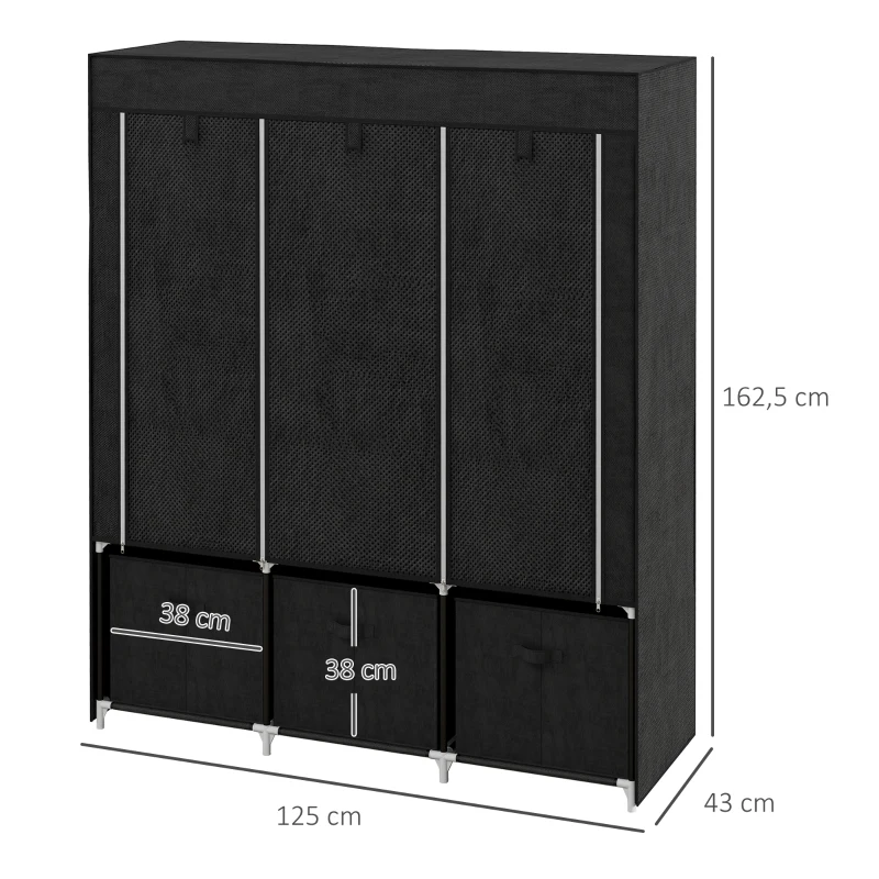 HOMCOM Stoffschrank aus Vlies, Faltschrank, inkl. 3 Schubladen, 125 cm x 43 cm x 162,5 cm, Schwarz
