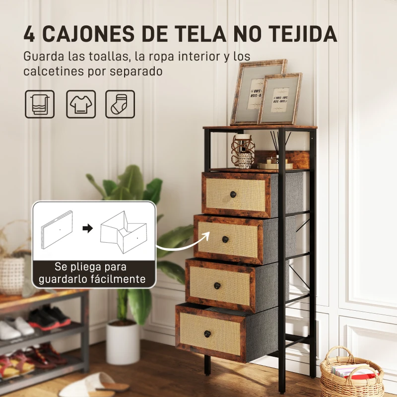 HOMCOM Cómoda para Dormitorio con 4 Cajones con Frentes de Ratán Compartimiento y Marco de Acero 50x30x126 cm Marrón Rústico