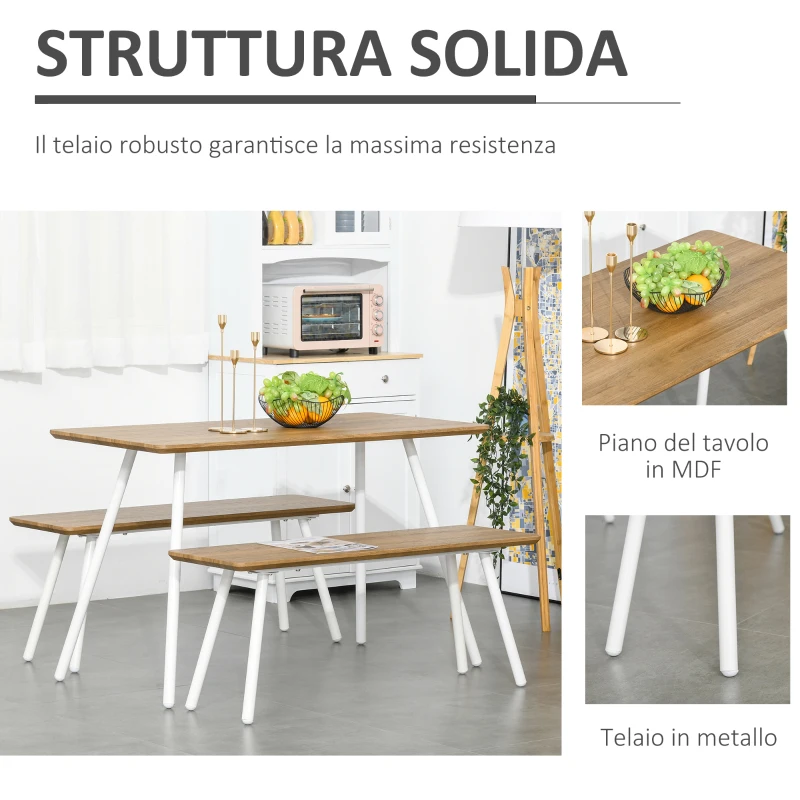 HOMCOM Set Tavolo da Pranzo con 2 Panche in Stile Nordico per Soggiorno, Salotto e Cucina, in MDF e Metallo, Bianco