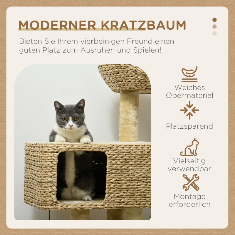 PawHut Kratzbaum Katzenbaum, 1 Katzenhöhle, 1 Katzbenbett, 1 Liegefläche, 1 Rampe, 60 cm x 40 cm x 98 cm, Natur + Beige