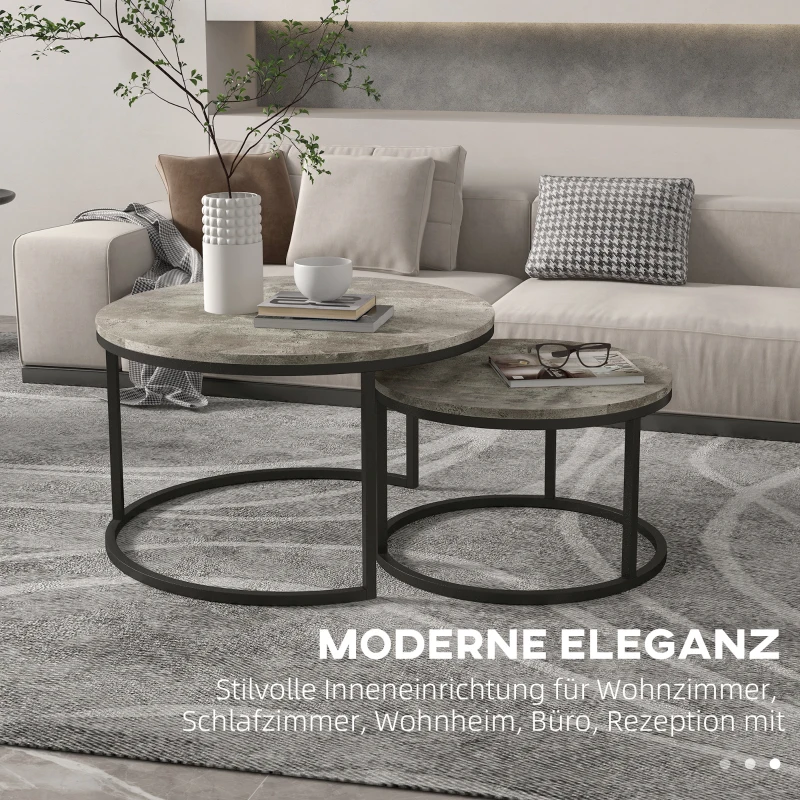 HOMCOM Couchtisch-Set, 2 runde Satztische, Industriedesign, Metallgestell, Marmoroptik/Grau(m-4)