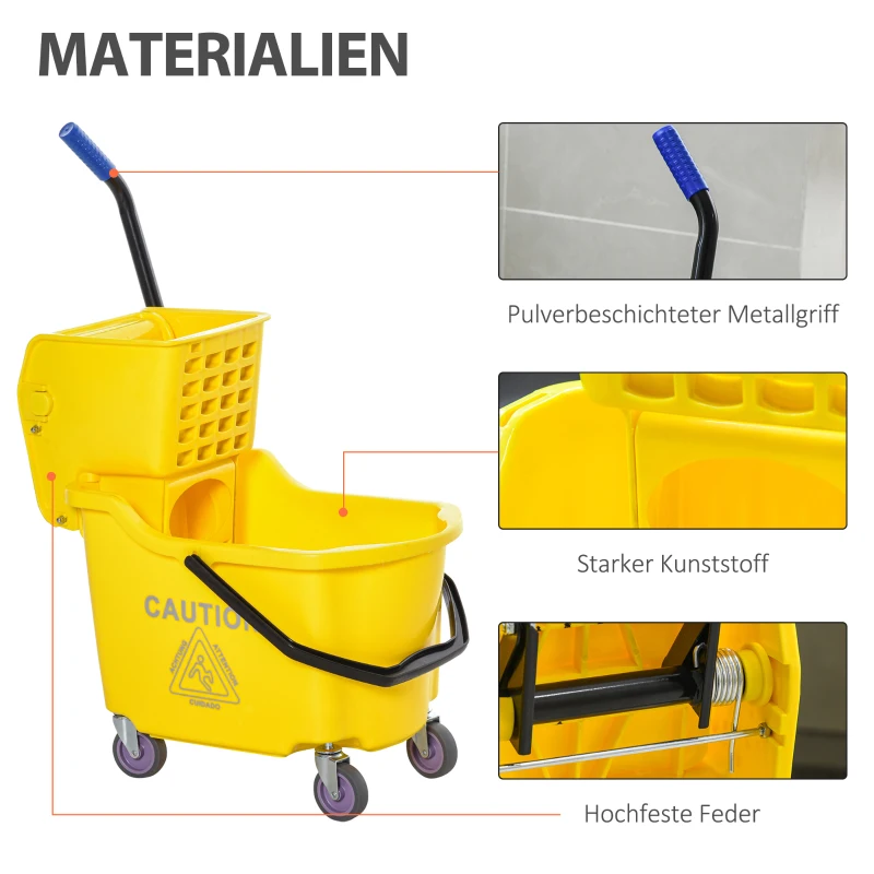 HOMCOM Putzwagen Putzeimer mit großer Kapazität tragbarer Fahreimer mit Roll Wasserschild Henkel Abwasserauslass-Design Seitendruckenwringer PP Kunststoff Metall gelb 60 x 36 x 84 cm