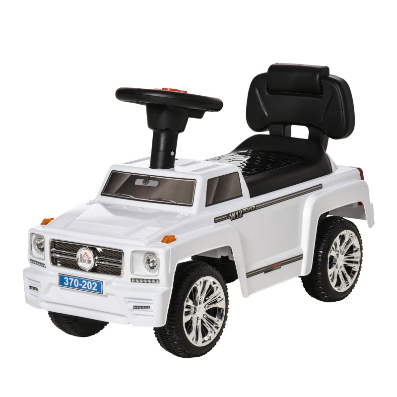 HOMCOM Macchina Giocattolo Cavalcabile Fuoristrada per Bambini, Macchina Bambini con Fari e Musiche, Età 18-36 Mesi, 68x30.5x41.5cm, Bianco