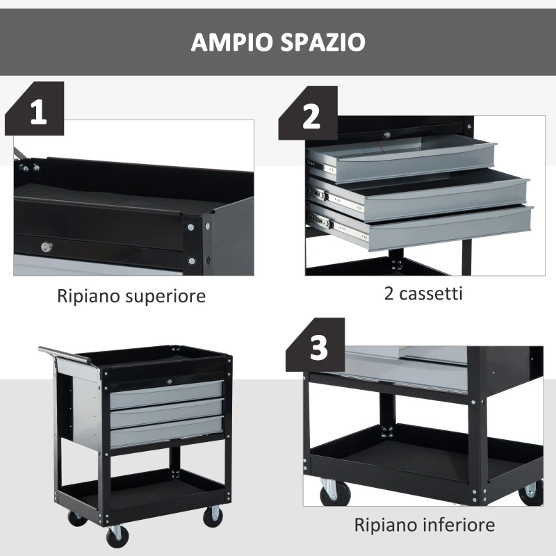 HOMCOM Carrello da Officina Professionale Cassettiera Portautensili in Lamiera, Nero, 68 x 46 x 88cm