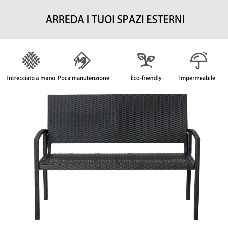Outsunny Panchina da Giardino ed Esterno in Rattan, Panca in Rattan Nero 2 Posti, 122x60x85cm