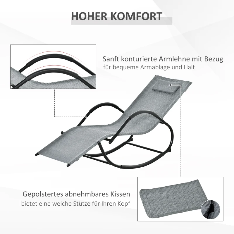 Outsunny Schaukelstuhl Schaukelliege mit Kopfkissen Gartenliege Schwungliege bis 160 kg belastbar Texteline Grau 61 x 160 x 79 cm