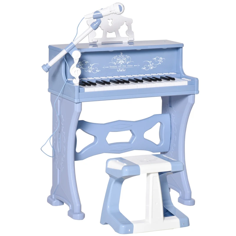 HOMCOM Piano Electrónico Infantil de 37 Teclas Juego de Piano con Modelo Pedagógico Micrófono Taburete Luces y 22 Canciones USB/MP3/Bluetooth Karaoke 53,5x27x63 cm Azul