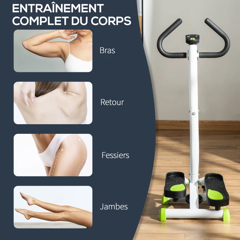 HOMCOM Stepper avec guidon stepper fitness appartement écran LCD résistance réglable exercise hanches jambes lombes pour maison acier blanc, vert, noir