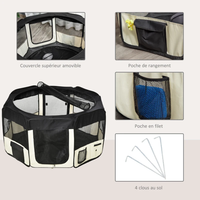 PawHut Parc enclos pliable pour chien chat petits animaux octogonal en tissu Oxford et acier - Ø 120 x 58H cm - noir et crème