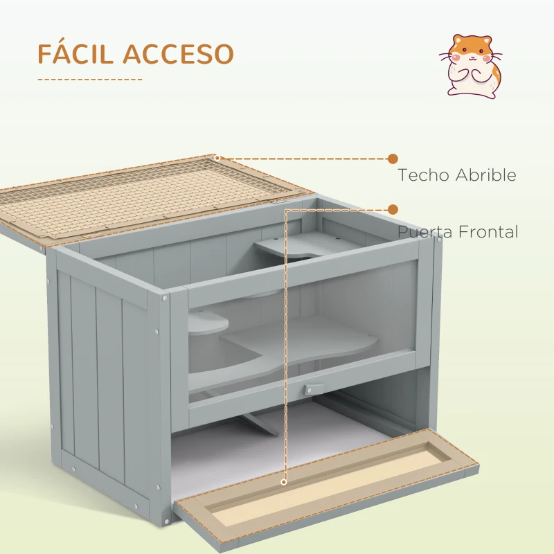 PawHut Jaula para Hámster de Madera de 2 Niveles Casa para Animales Pequeños con Plataformas Escaleras 60x35x42 cm Gris