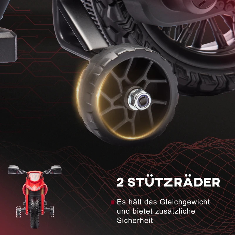 AIYAPLAY Elektro-Motorrad für Kinder, 6V Batterie-Antrieb, Stützräder, Hupe, Startgeräusch, 3-8 Jahre, Rot(m-5)