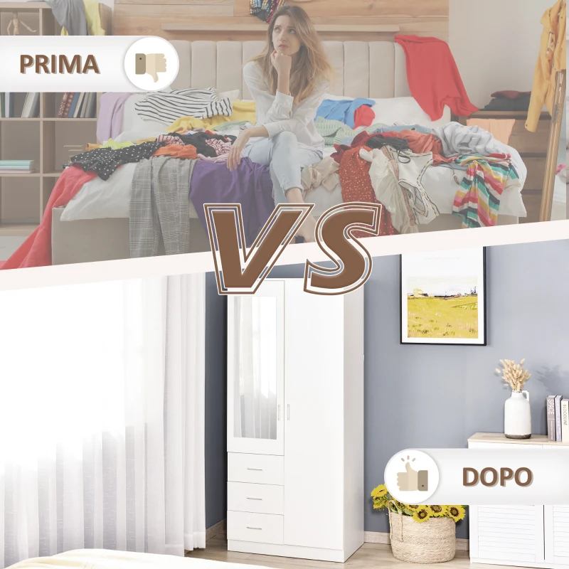 HOMCOM Armadio Moderno Guardaroba 2 Ante con Specchio e 3 Cassetti, Mensole Regolabili e Barra Appendiabiti, 80x50x180cm, Bianco