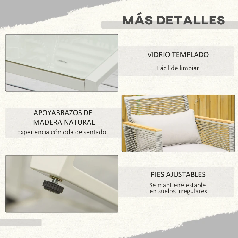 Outsunny Conjunto de Muebles de Jardín de Ratán 4 Piezas Sofá Doble 2 Sillones Individuales y Mesa de Café de Vidrio con Cojines Desenfundables para Exterior Terraza Gris