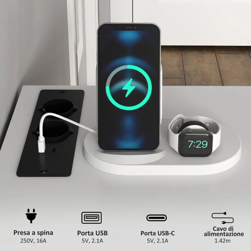 HOMCOM Scrivania con Scaffale a 2 Livelli e Prese di Ricarica, in Legno e Metallo, 100x50x75 cm, Bianca e Nera