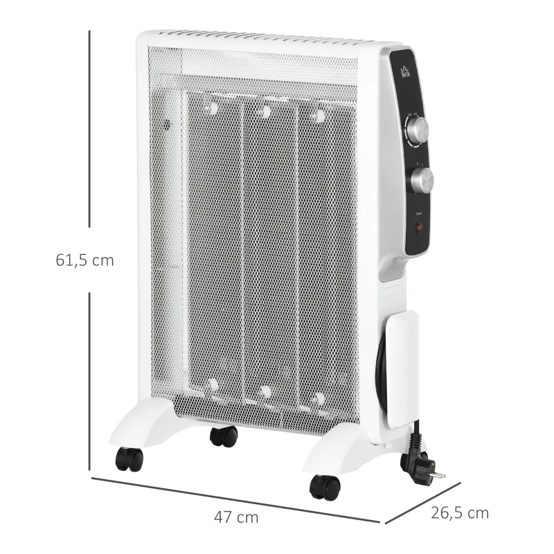 HOMCOM Calefactor Eléctrico 1000W/1500W Radiador de Mica con 2 Niveles de Potencia para 15-18m² 47x26,5x61,5 cm Blanco