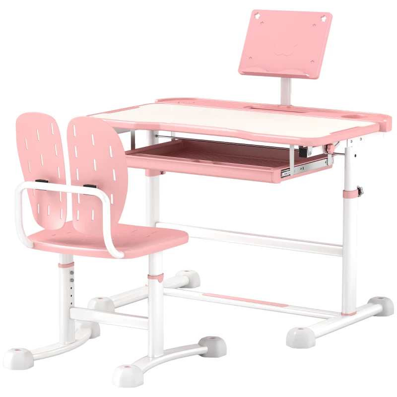 AIYAPLAY Height Adjustable Kids Desk and Chair Set, School Study Writing, Reading Table Chair Set w/ Tilted Desktop, Pink