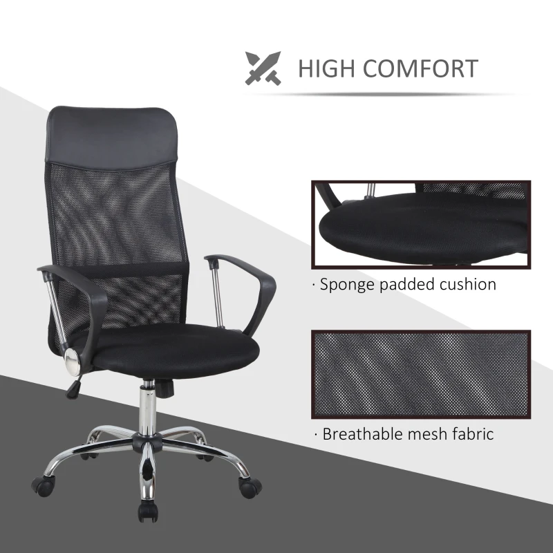 HOMCOM Swivel Office Chair Mesh Fabric Executive Chair Seat Home Desk Chairs Armchair with Wheel, Black
