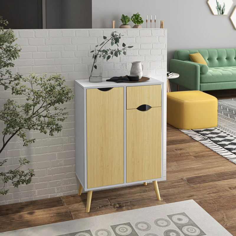 HOMCOM Buffet sur pied meuble de rangement scandinave 2 portes 1 tiroir 58 x 30 x 91 cm naturel blanc