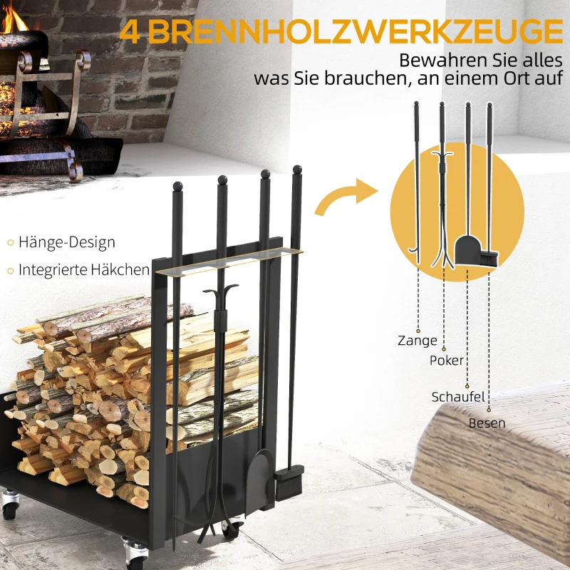 Outsunny Feuerholzgestell mit Rädern, viel Zubehör, Metallrahmen, bis 60 kg, 48 x 30 x 76 cm, Schwarz