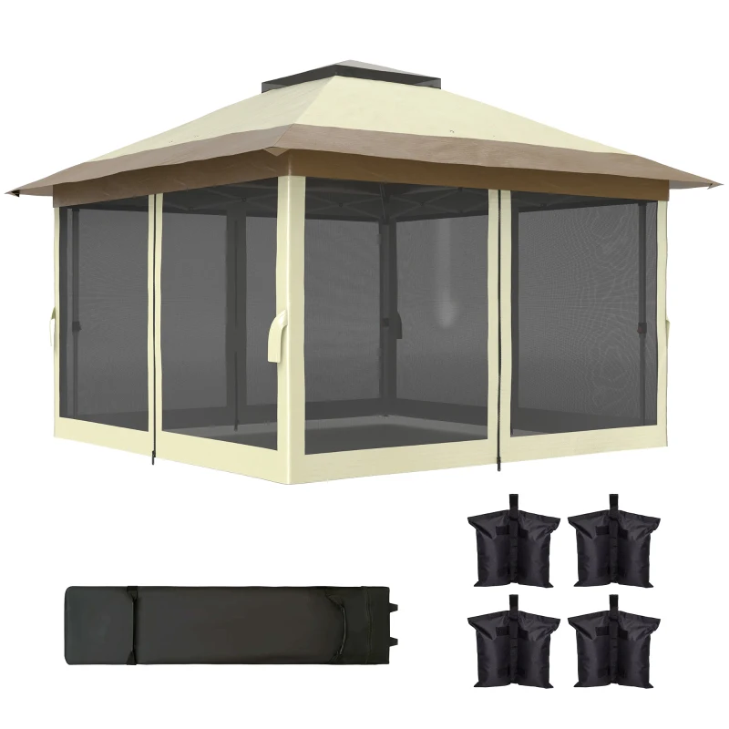 Outsunny Cenador Plegable 3,6x3,6 m con Laterales de Malla UPF50+ Altura Ajustable Bolsa con Ruedas y Bolsas de Arena Crema
