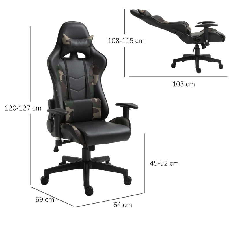 HOMCOM Fauteuil Gamer Chaise gaming Coussin Massant chaise de bureau Accoudoirs réglables coussin lombaire avec fonction de massage par vibration Noir