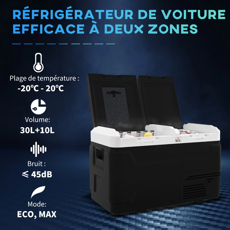 HOMCOM Glacière électrique portable avec 2 zones - contenance 40 L, lumière LED, 12/24 V DC et 100-240V AC, jusqu'à -20°C