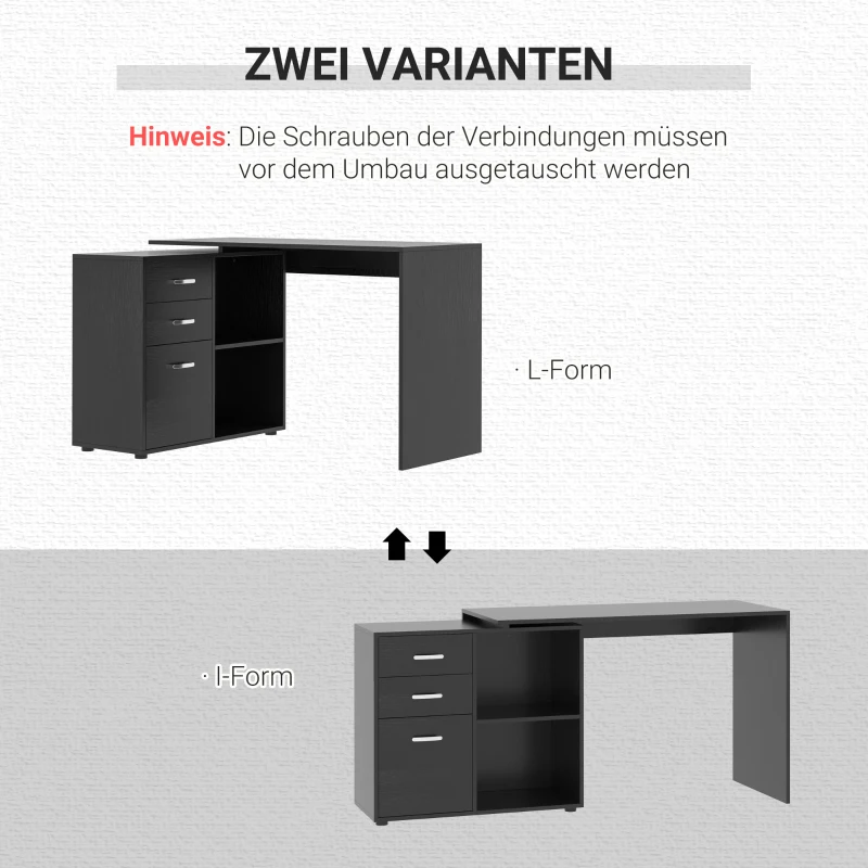 HOMCOM Eckschreibtisch Esstisch Computertisch Bürotisch Winkelschreibtisch Regal L-Form 117 x 83,5 x 76 cm, I-Form 162 x 50 x 76 cm, Schwarz, MDF+Metall
