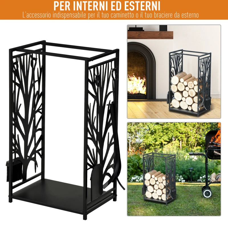 HOMCOM Potalegna per Camino in Acciaio e Antiruggine, Porta Legna per Interni ed Esterni con Design Elegante e 4 Attrezzi, 46x30x70 cm, Nero