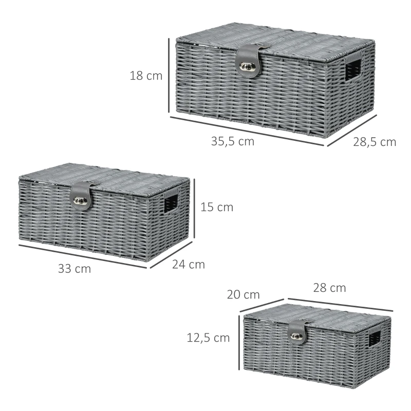 HOMCOM 3er-Set Aufbewahrungskörbe aus PE- Rattan, mit Verschluss, Tragegriffen, 35,5 cm x 28,5 cm x 18 cm, Grau