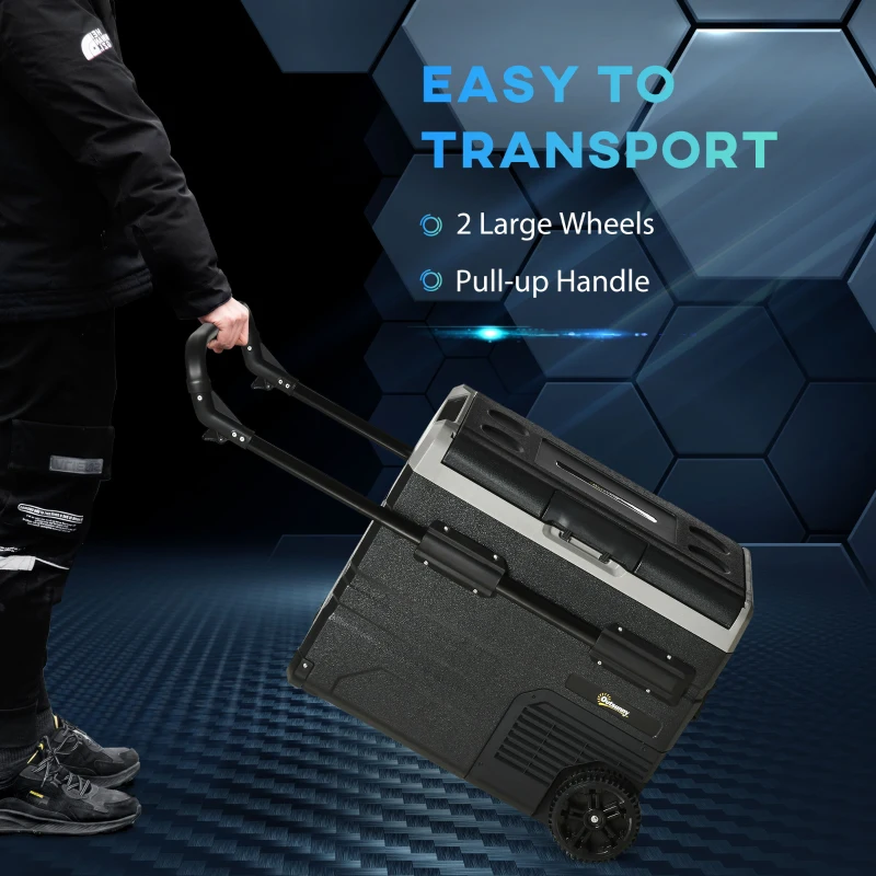 Outsunny 50L Car Refrigerator, Portable Compressor Cooler Box, Fridge Freezer w/ Inner LED Light, Foldable Handles, Cup Holders, 12/24V DC and 110-240V AC for Campervan RV Boat Travel Down to -20℃