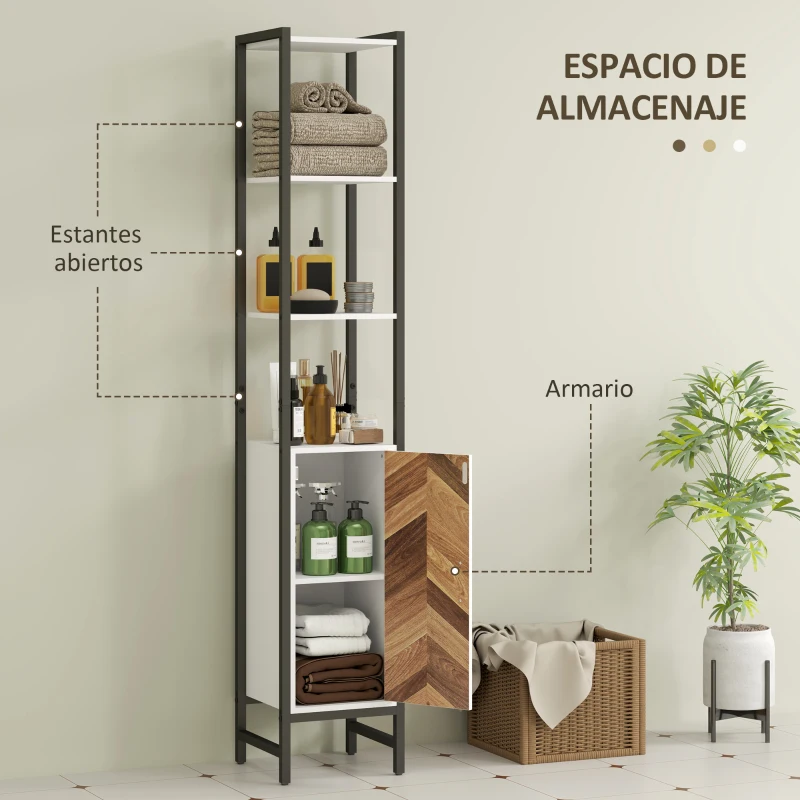 HOMCOM Armario Alto de Baño con 3 Estantes Abiertos 1 Puerta y Estante Ajustable Anti-vuelco 30x30x170 cm Blanco y Nogal