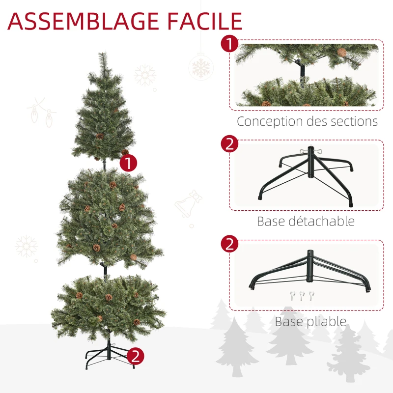 HOMCOM Sapin de Noël artificiel 180 cm arbre de décoration avec pommes de pin 450 branches épaisses stable avec base métallique