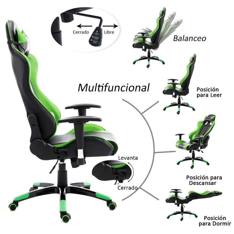 HOMCOM Silla de Oficina Silla Ergonómico Reclinable y Basculante Altura Ajustable Giratorio con Ruedas Reposacabezas y Soporte Lumbar Carga 120 kg 67x67x123-132 cm Verde