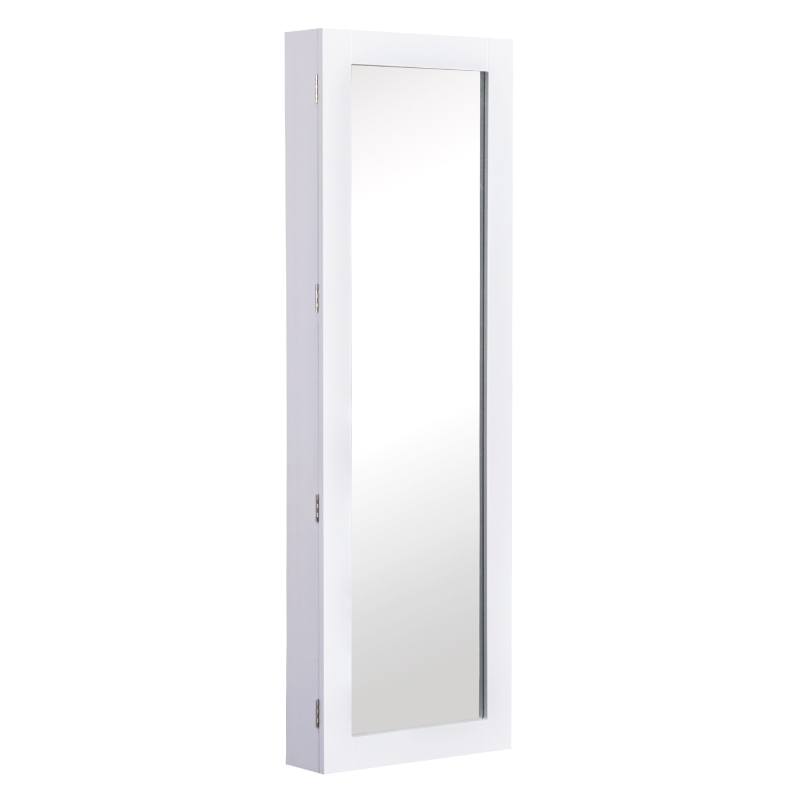 HOMCOM Specchio Portagioie da Parete con Ganci e Scompartimenti in Legno, Armadietto Portagioie con Specchio per Orecchini, Collane e Anelli, 37x9.5x112 cm, Bianco