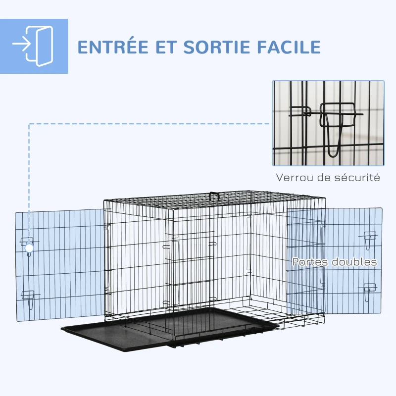 PawHut Cage caisse de transport pliante pour chien en acier 2 portes verrouillables 121 x 77 x 82 cm noir