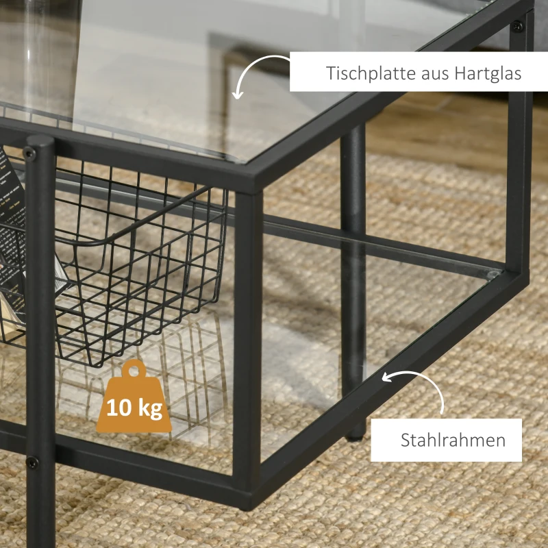 HOMCOM Couchtisch mit Ablage, verstellbare Füße, Stahlrahmen, Glasplatte, 100 x 55 x 45,5 cm, Weiß