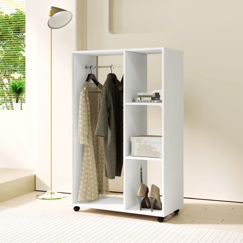 HOMCOM Kleiderschrank auf Rollen, mobile Garderobe, Garderobenschrank, Rollbarer Kleiderständer, 80 x 40 x 128 cm, Weiß(m-8)