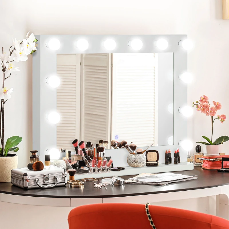 HOMCOM Miroir maquillage Hollywood lumineux 12 LED tactile - luminosité réglable, fonction mémoire - métal MDF blanc verre