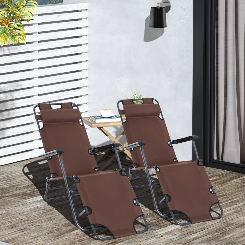 Outsunny 2 in 1 Folding Sun Lounger Reclining Garden Chair Set of 2 with 2-Level Adjustable Backrest, Outdoor Zero Gravity Recliner Garden Chairs with Head Pillow and Armrests, Brown