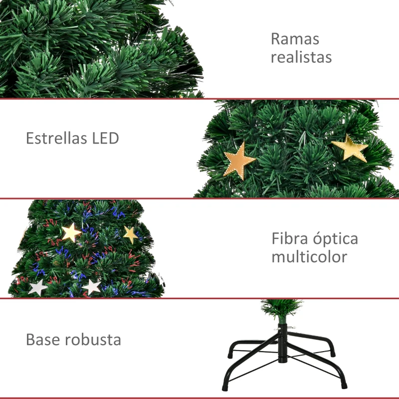 HOMCOM Árbol de Navidad Artificial Árboles de Abeto 180cm con Soporte Decoraciones Navideñas Copos de Estrella Fibra Óptica Brillante LED Multicolor Ignífugo