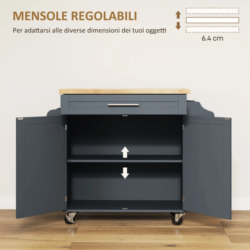 HOMCOM Carrello da Cucina in Legno con Cassetto, Portaspezie e Armadietto, 109x40x89 cm, Grigio e Color Legno