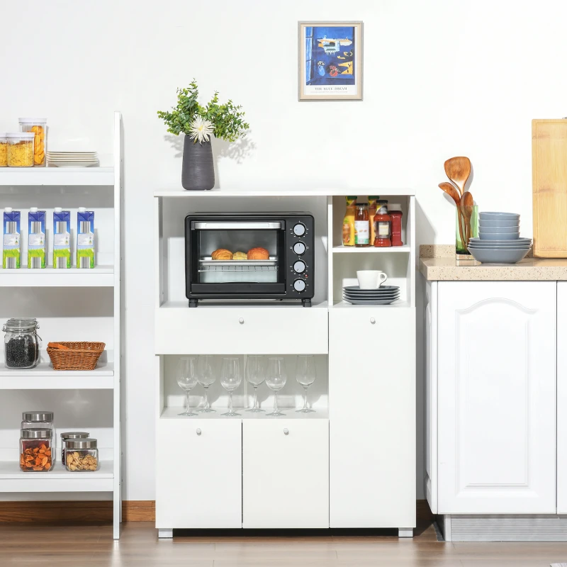 HOMCOM Meuble de micro-onde armoire cuisine meuble de rangement multi-rangements buffet avec 2 placards 4 niches tiroir coulissant dim. 90L x 40l x 120H cm en bois blanc